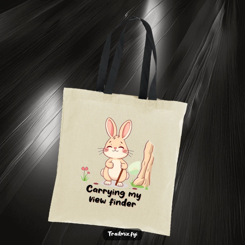Funny tote bag: a smiling, tired rabbit with a walking stick pausing to admire a scenic view, perfect for carrying daily essentials.