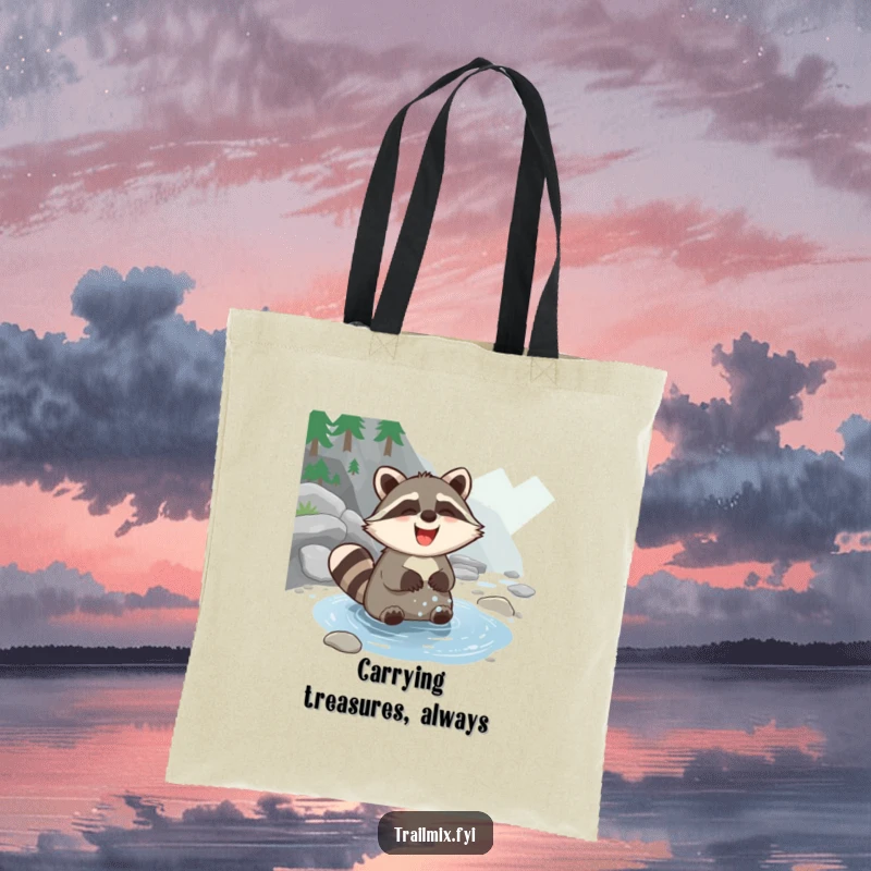 Funny Raccoon Tote Bag depicting a giggling raccoon enjoying a refreshing paw wash in a clear stream, perfect for eco-conscious humor lovers.