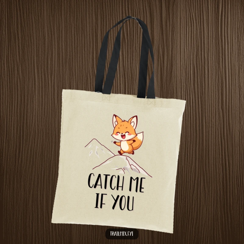 Funny fox tote bag with a delighted character playfully bounding up a mountain slope, ideal for carrying essentials.