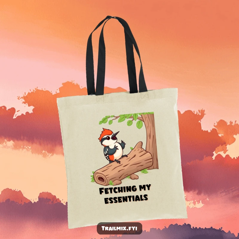 Funny tote bag featuring a happy woodpecker tapping a rhythm on a log, perfect for carrying items with a musical, funny vibe.