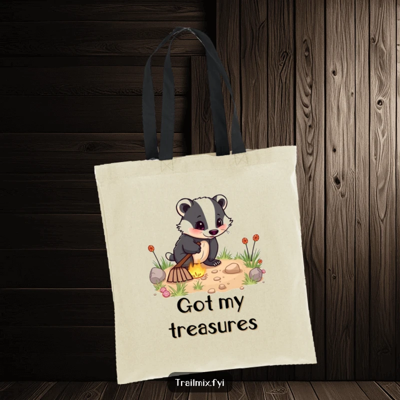Funny tote bag displays an energetic badger digging enthusiastically, a practical accessory for carrying items with a humorous, driven spirit.