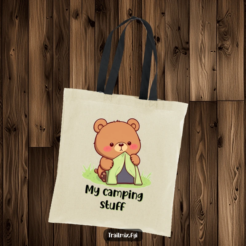 Funny determined bear character setting up a small tent, printed on a practical tote bag.