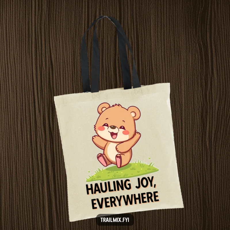 Funny Bear Cub Tote Bag showing a delighted cub rolling down a hill, ideal for carrying essentials with a dose of playful humor.