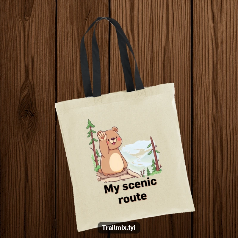 Funny Bear Tote Bag: A happy bear waves hello from a scenic overlook, ready to carry your belongings.