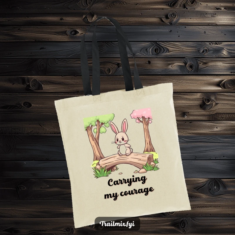 Funny tote bag showing a brave rabbit with a determined expression confidently crossing a log bridge, ready for your items.