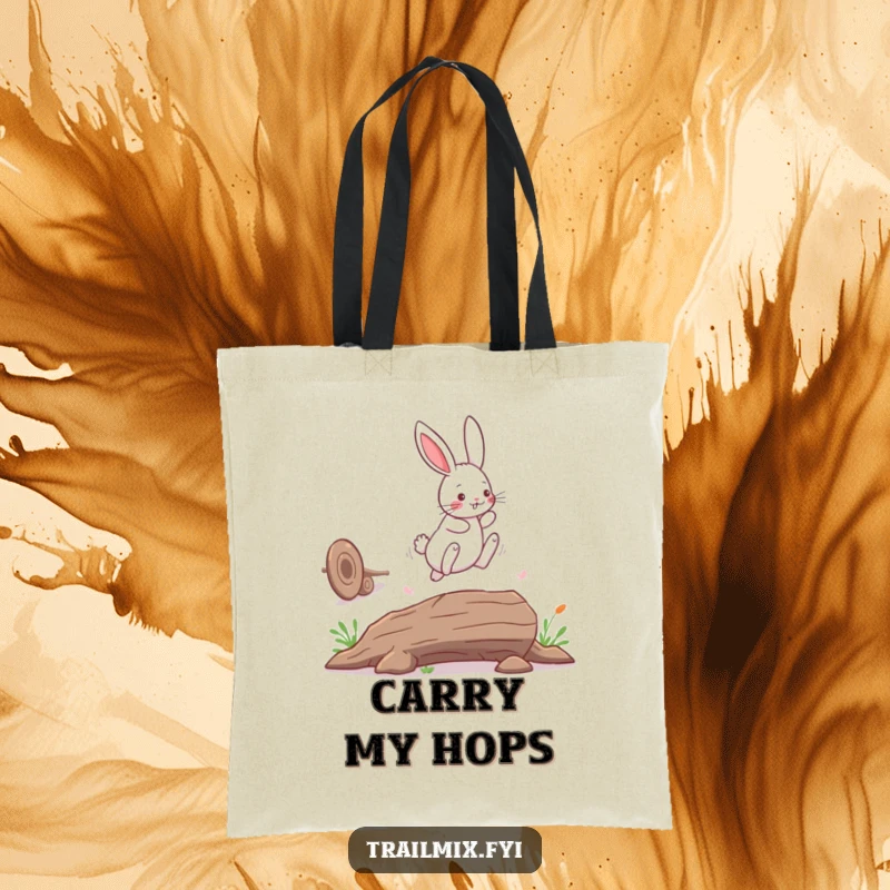 Funny bunny rabbit tote bag, playfully leaping over a fallen log, ideal for carrying groceries with a smile.