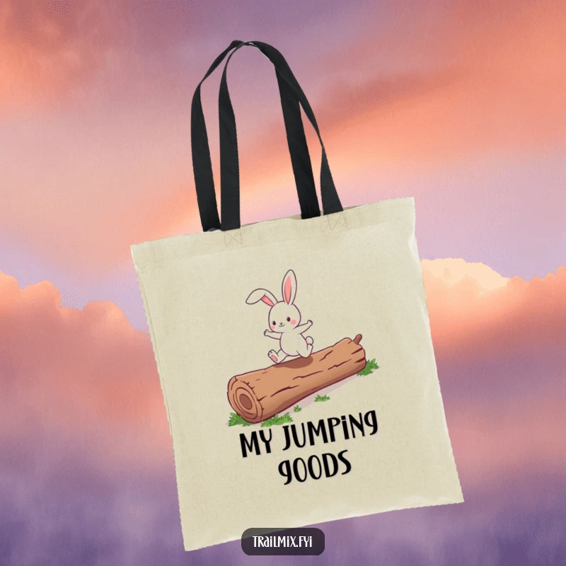 Funny energetic bunny character joyfully skipping over a fallen log, printed on a practical tote bag.