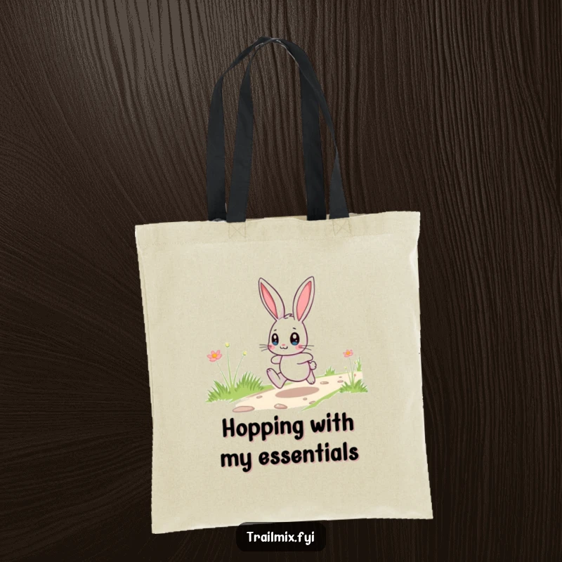 Funny playful bunny hopping with wide eyes on a tote bag, a humorous accessory for carrying essentials.