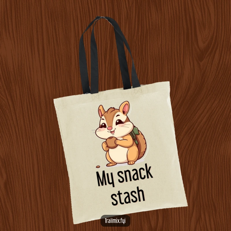 Funny tote bag of a cheerful chipmunk stuffing its cheeks with nuts, ready for a hike, perfect for carrying gear.