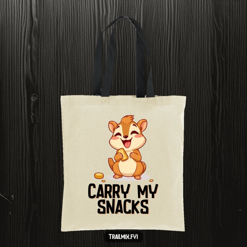 Funny tote bag featuring a joyful chipmunk character happily munching on a trail snack, ready for storage.