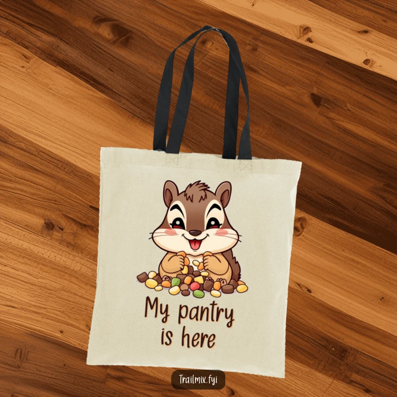 Funny chipmunk tote bag, holding a generous amount of trail mix, grinning with pure snack satisfaction. A stylish, humorous accessory.