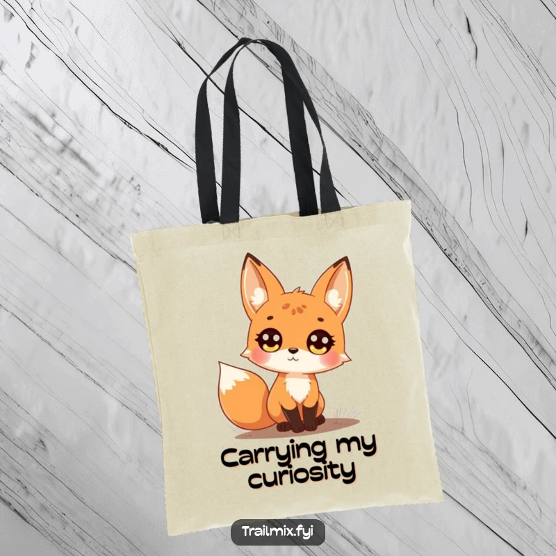 Funny tote bag showing a curious fox on a trail, gazing upwards with large, bright eyes, ready for your adventures.