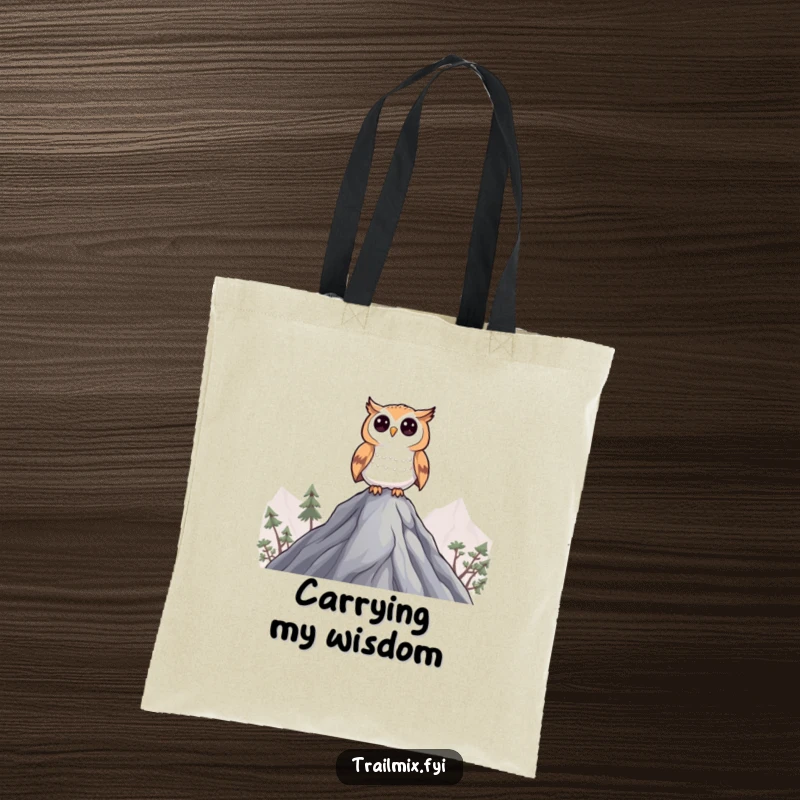 Funny Curious Owl Tote Bag: A tote bag depicting a curious owl character perched on a peak, watching.