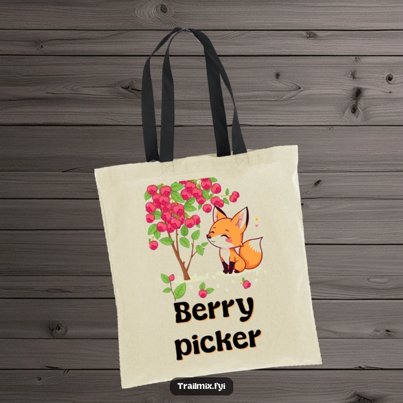 Funny fox tote bag showing a cheerful fox excitedly sniffing a wild berry bush, perfect for carrying your own treasures.