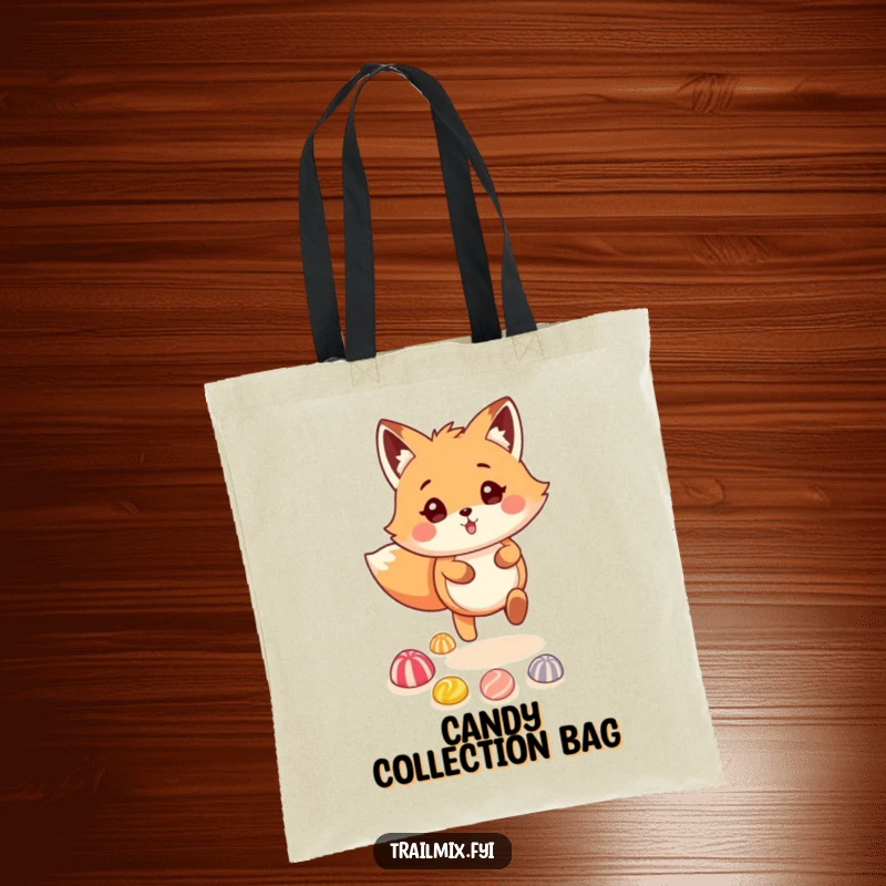 Funny fluffy fox skipping on a colorful candy trail, on a practical and humorous tote bag, a sweet gift.