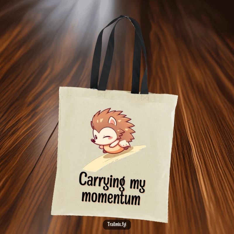 Funny hedgehog tote bag featuring a determined character rolling downhill like a ball, perfect for carrying items with a humorous, adventurous spirit.