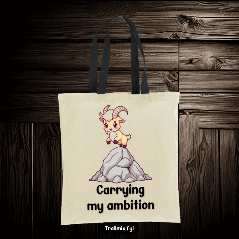 Funny Mountain Goat Tote Bag: A determined goat balances on a rocky outcrop, perfect for carrying hiking essentials or groceries.