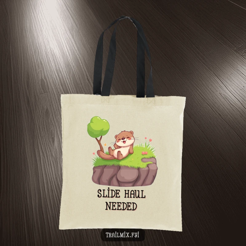 Funny tote bag showcasing a playful otter sliding down a grassy embankment, a humorous and practical accessory.