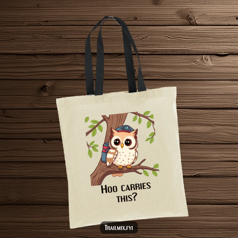 Funny tote bag featuring a curious owl hiker looking out from a tree branch, perfect for nature lovers.