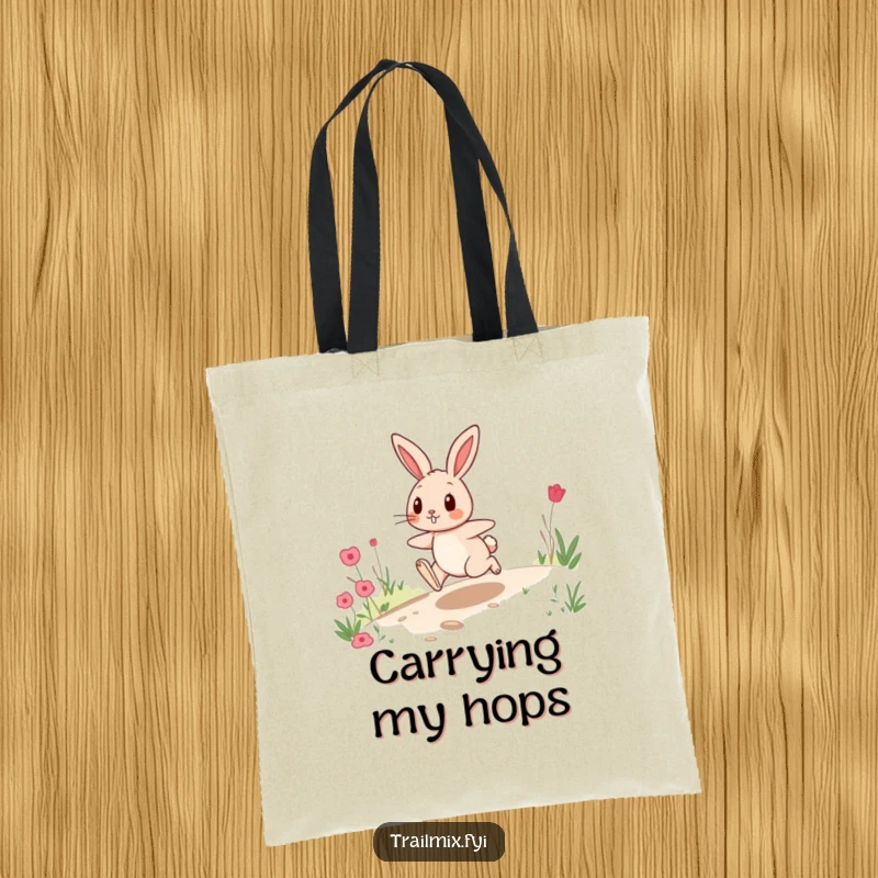 Funny tote bag illustrating a playful rabbit hopping energetically along a path, symbolizing speed and joyful movement.