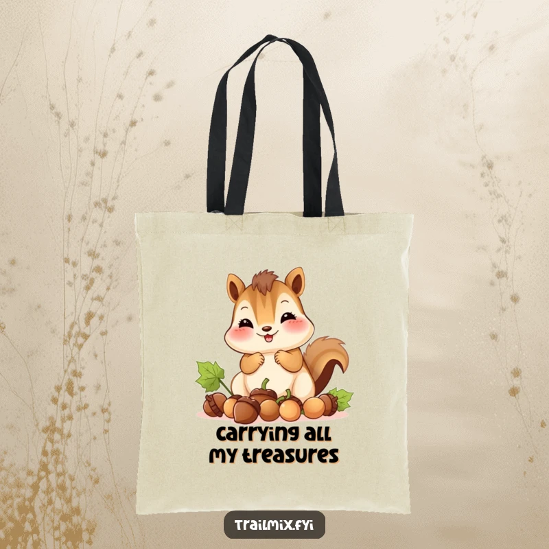 Funny tote bag shows a chipmunk with bulging cheeks collecting acorns, a humorous and practical accessory for any outing.