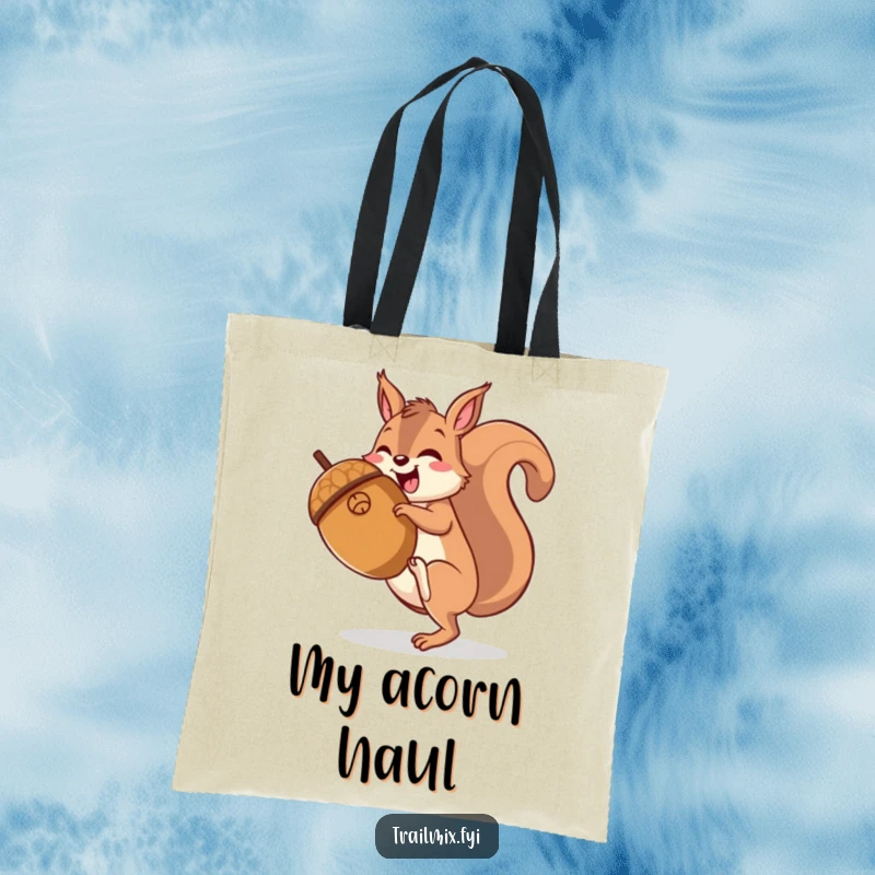 Funny happy squirrel character joyfully hiking up a giant acorn, printed on a practical tote bag.