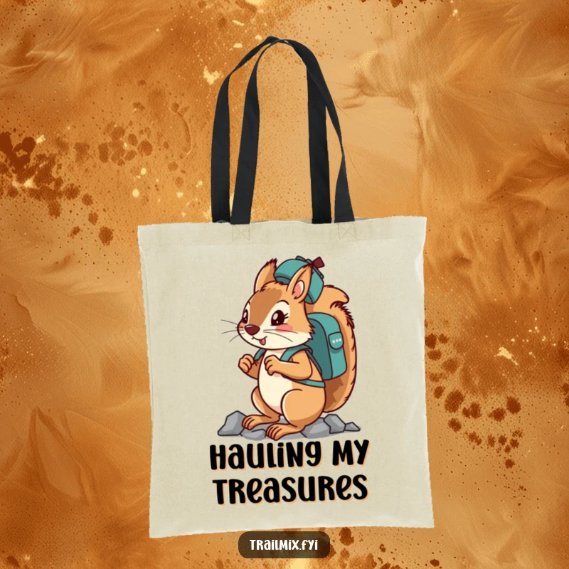 Funny determined squirrel character balancing a backpack on its head while climbing on a tote bag.