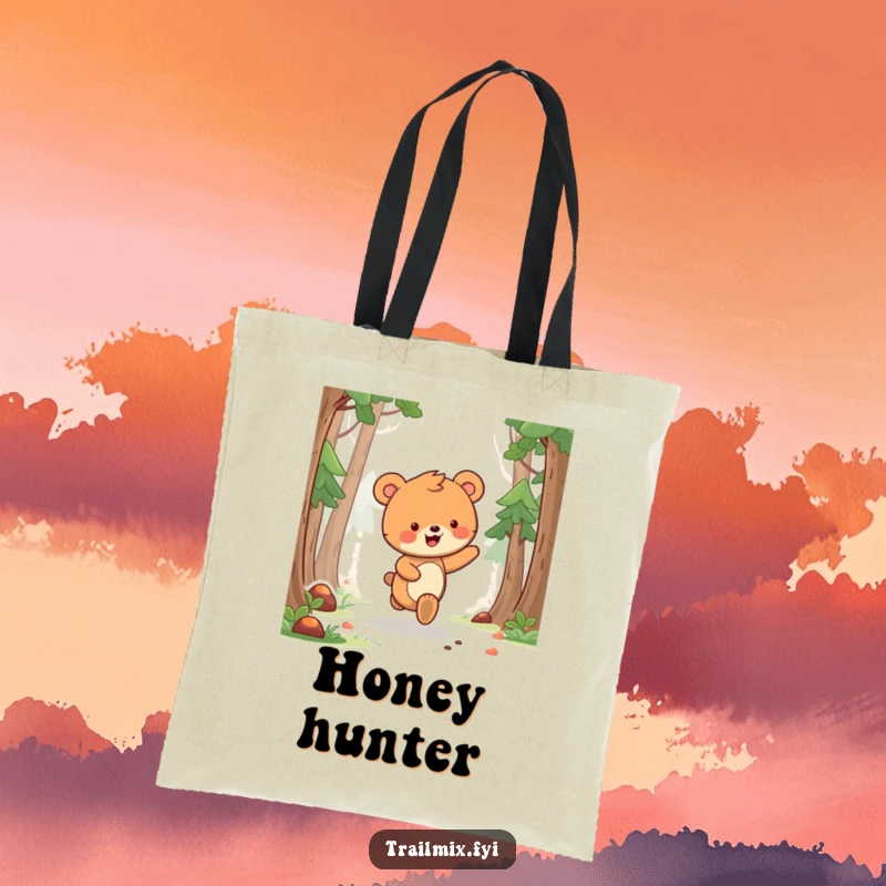 Funny bear cub tote bag showing a delighted bear cub skipping joyfully along a forest path, perfect for carrying smiles.