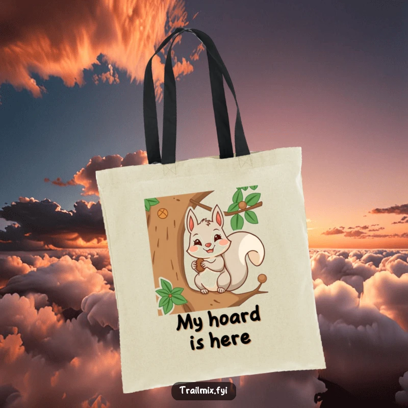 Funny tote bag with a determined squirrel character collecting and storing nuts in a tree, symbolizing resourcefulness.