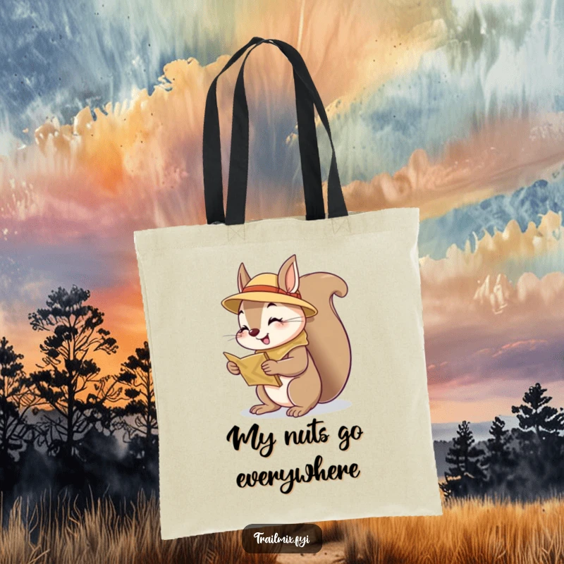 Funny squirrel scout tote bag, curious about the map, practical and stylish for everyday use, cheerful woodland creature design.