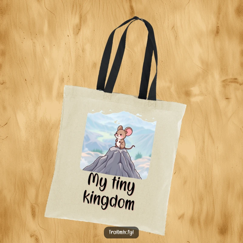 Funny Mouse Tote Bag: A happy mouse surveys a vast landscape from a mountain summit, perfect for carrying daily items.
