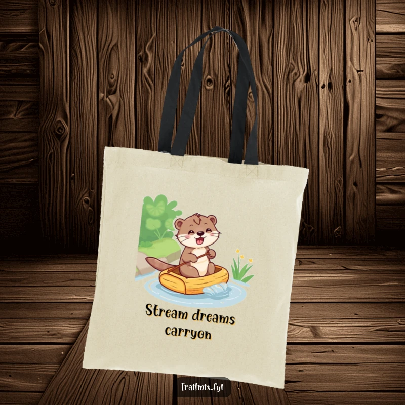Funny tote bag illustrating a joyful otter paddling a tiny raft, ideal for carrying items with a humorous, aquatic theme.